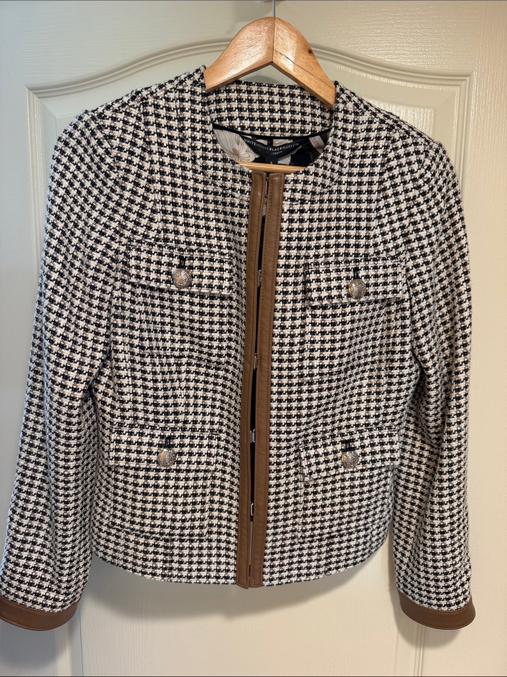 White House Black Market NWT Houndstooth Jacket with Tan Trim WHBM